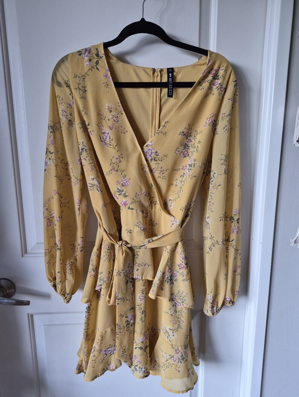 Design Lab Lord & Taylor Mustard Yellow Floral Wrap-Style Mini Dress - Picture 5 of 5